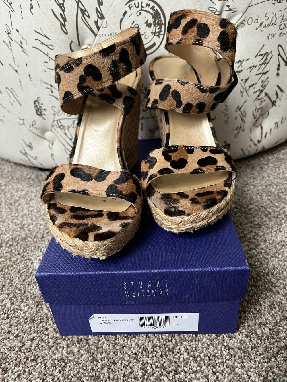 Stuart Weitzman Leopard Print Espadrille Wedge Sandals - Tan/Black Size 11 - Picture 3 of 11